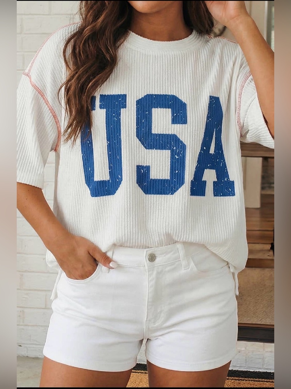 USA Graphic Half Sleeve Loose Ribbed Top